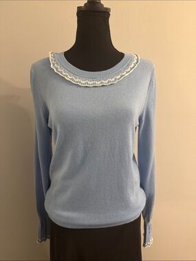 Boden Powder Blue Crewneck Sweater with White Ruffle Trim
